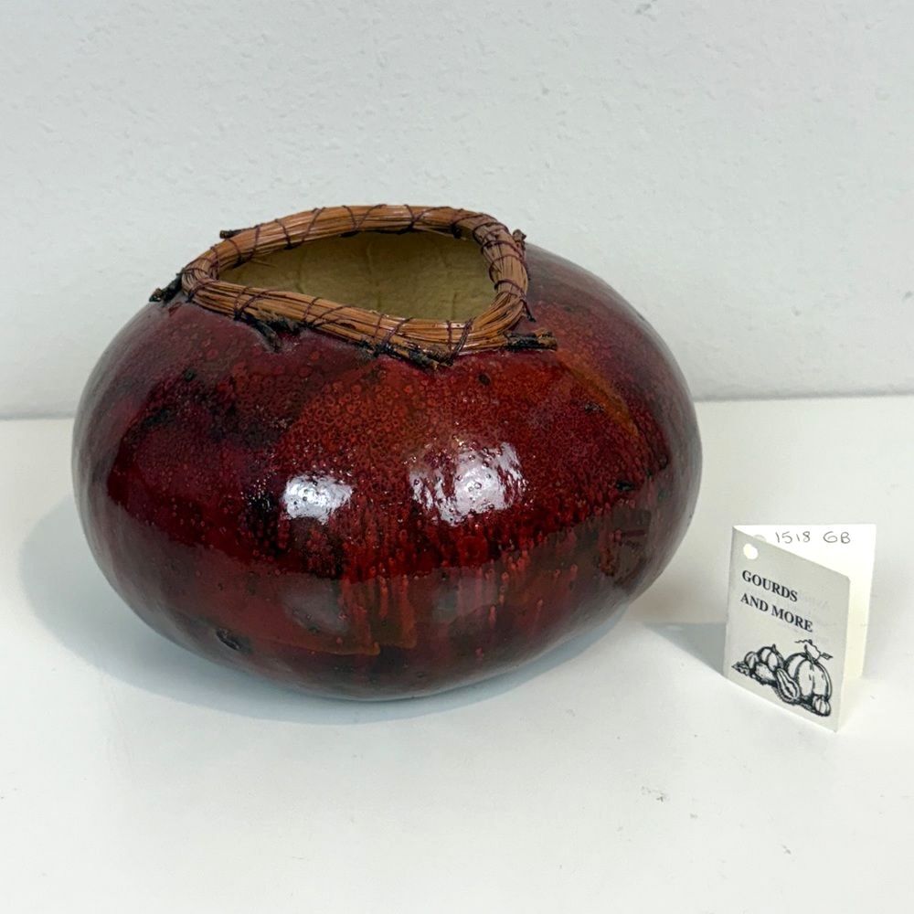 Vintage Handmade Artisan Silk Dyed Gourd Bowl Pine Needle Trim 8”